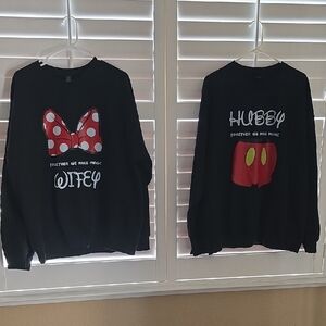 DISNEY WIFEY/HUBBY Black Crewneck Sweaters with Red Polka Dot Bow and Red P